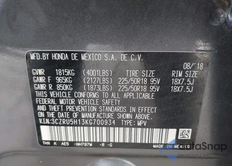 2019 Honda Hr-V Sport z USA, uszkodzony, nr VIN 3CZRU5H13KG700934